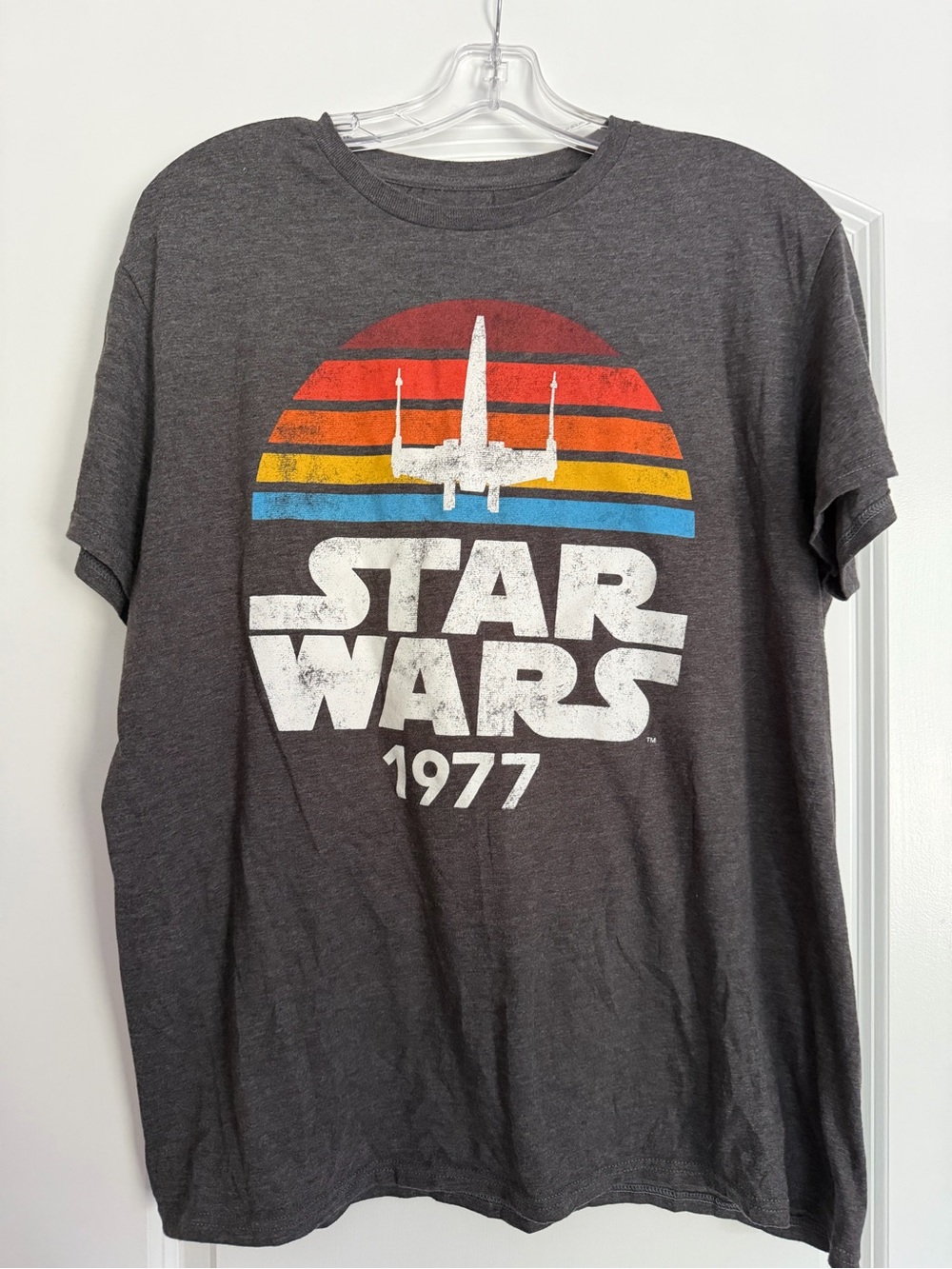 Star Wars Men's Short Sleeve Tee - Charcoal/Rainbow with 1977 and X-Wing Fighter